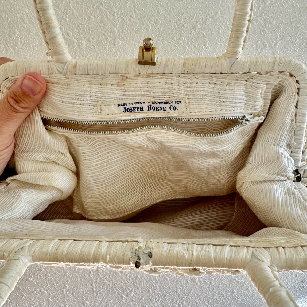 Vintage Joseph Horne Co Made in Italy Cream Woven Raffia Straw Top Handle Bag - Picture 6 of 9